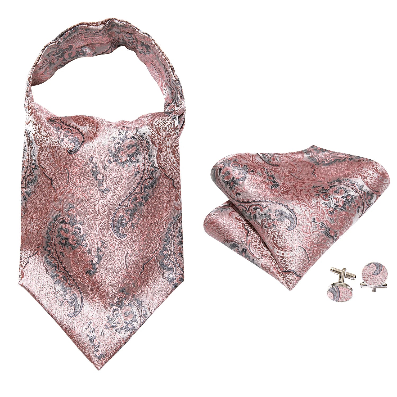 Premium silk paisley ascot cravat with coordinated handkerchief and elegant cufflinks for formal occasions