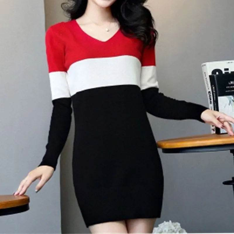 Cozy chic striped mini dress in warm autumn hues, perfect for fall outings.