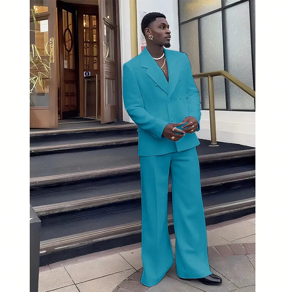 White suit jacket laid flat, showcasing its double-breasted design.