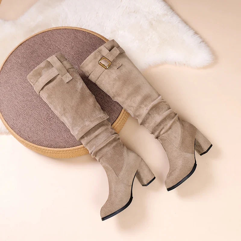 Premium suede mid-calf boots with waterproof protection and square heel stability