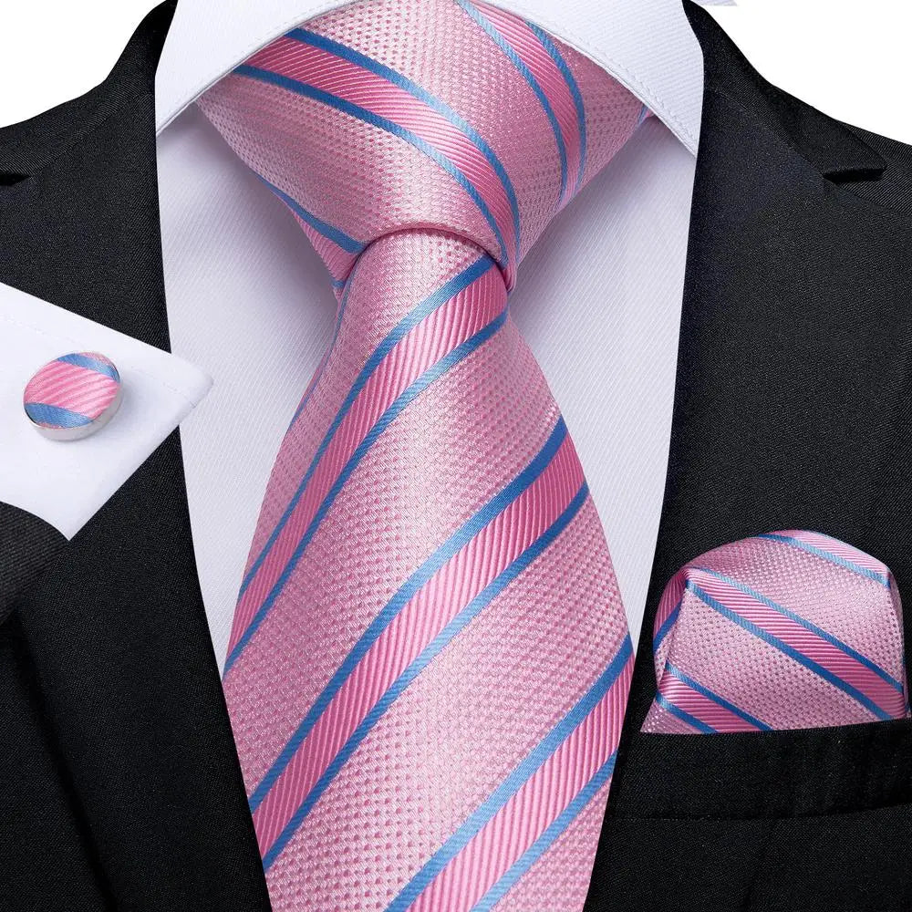 Complete coordinated tie set with textured paisley pattern, pocket square, and dress cufflinks