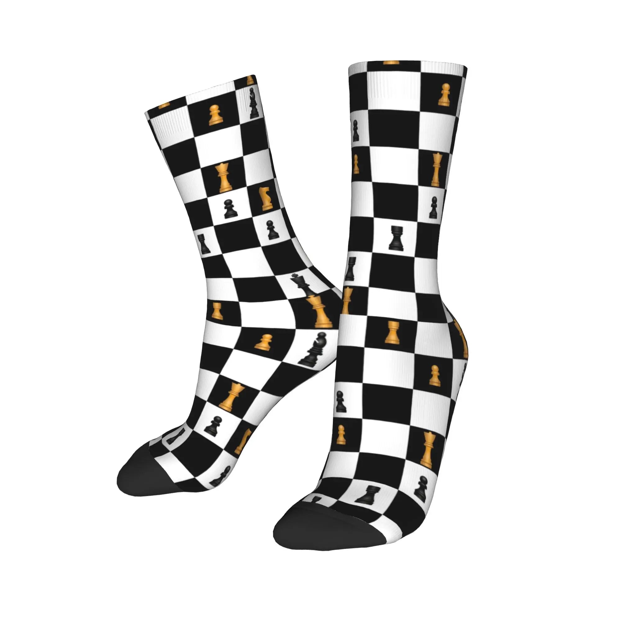 Fun novelty socks featuring a chess design, perfect as a gift for chess lovers.