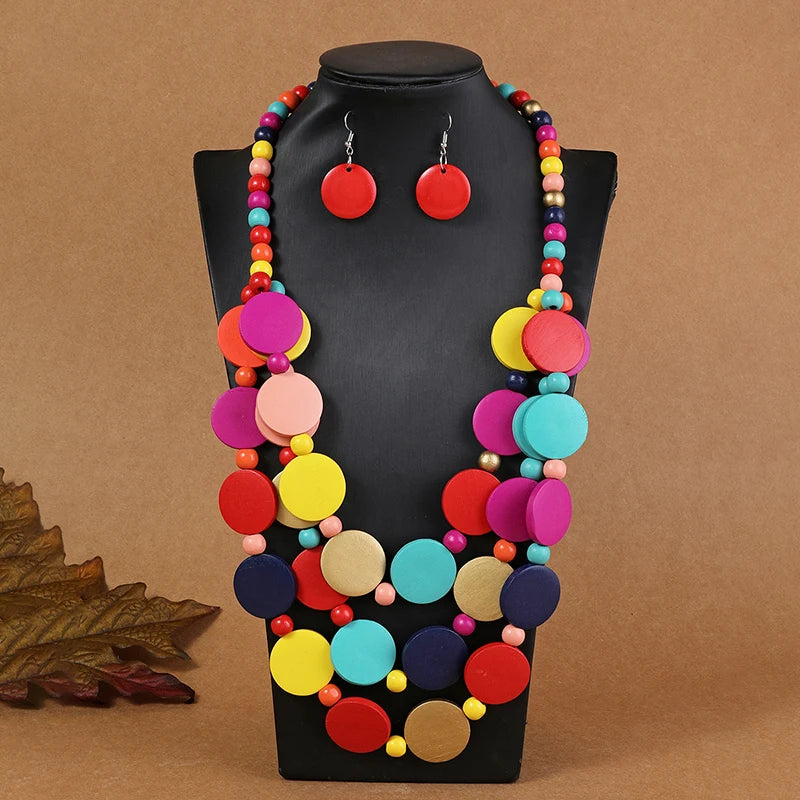 African Wedding Party Wooden Beads Necklace & Earring Jewelry Set