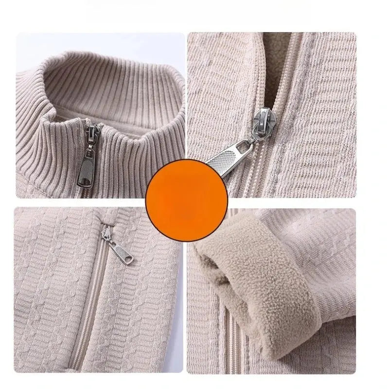 Model wearing the elegant zip cardigan, showcasing its streamlined design.