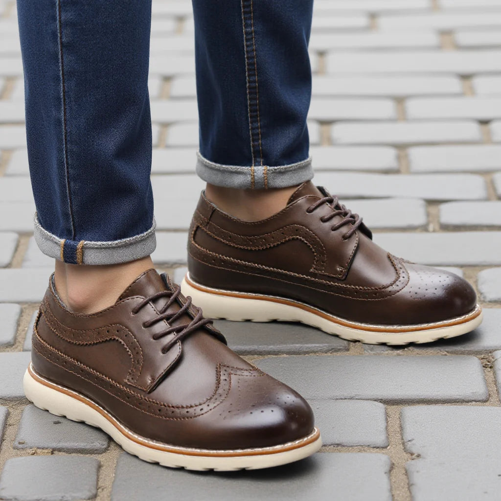 Traditional brogue casual shoes with perforated detailing and secure lace closure for customized fit