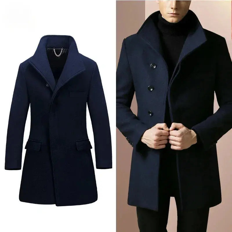 Close-up of the thick wool-blend fabric of the Winter's Embrace overcoat, showcasing its durable craftsmanship.