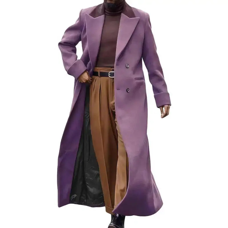 Back view of the refined double-breasted coat, emphasizing its sleek lines and distinguished profile.