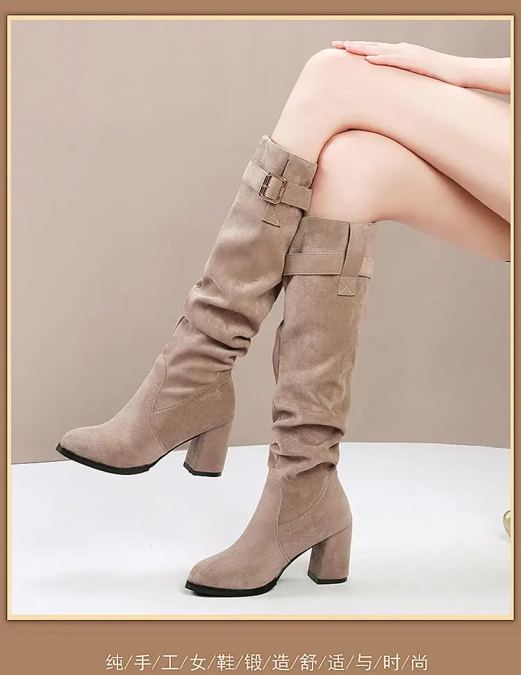 Square heel suede boots with waterproof finish and comfortable slip-on style