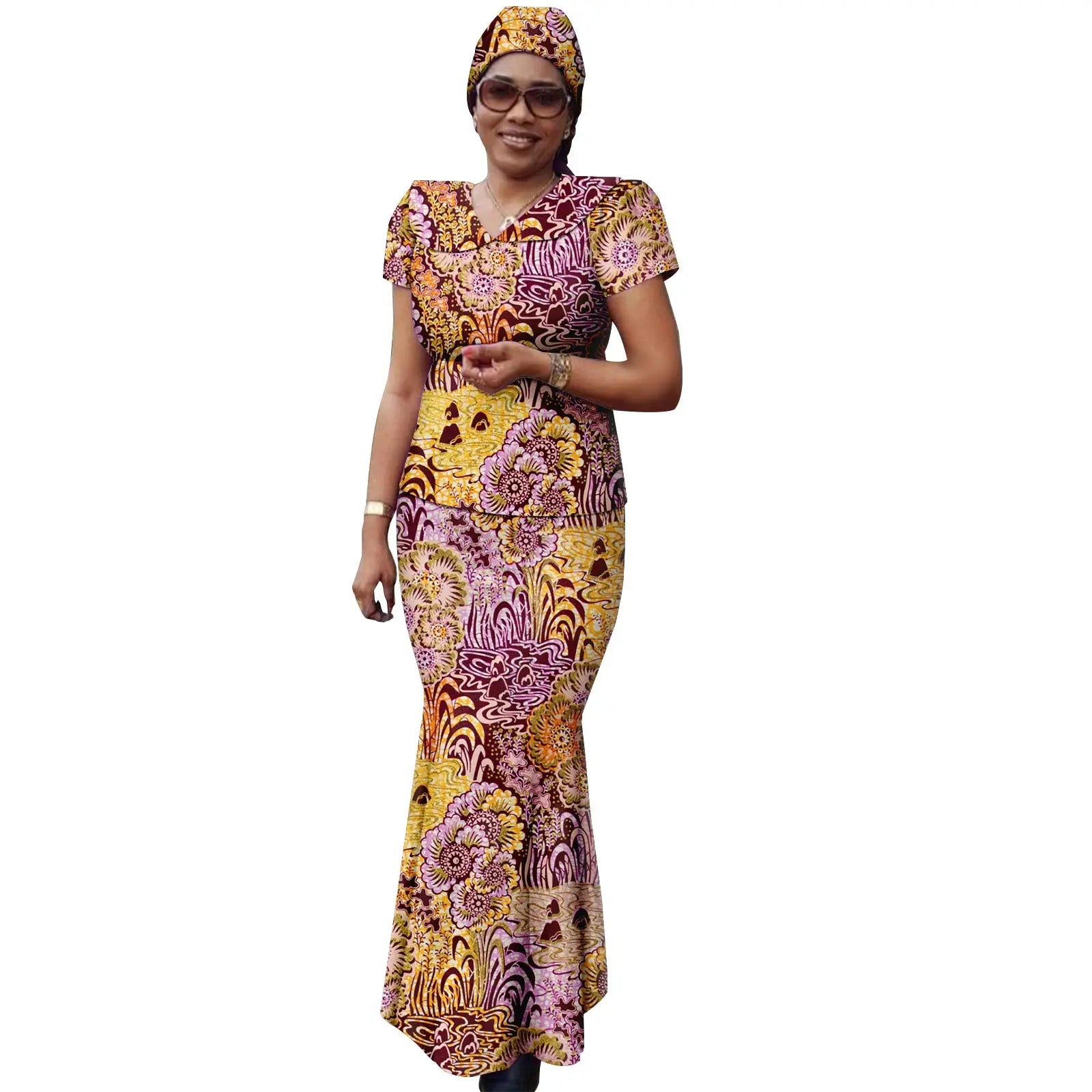 African Women Ankara Print Doll Collar Top, Skirt & Headscarf 3-Piece Set