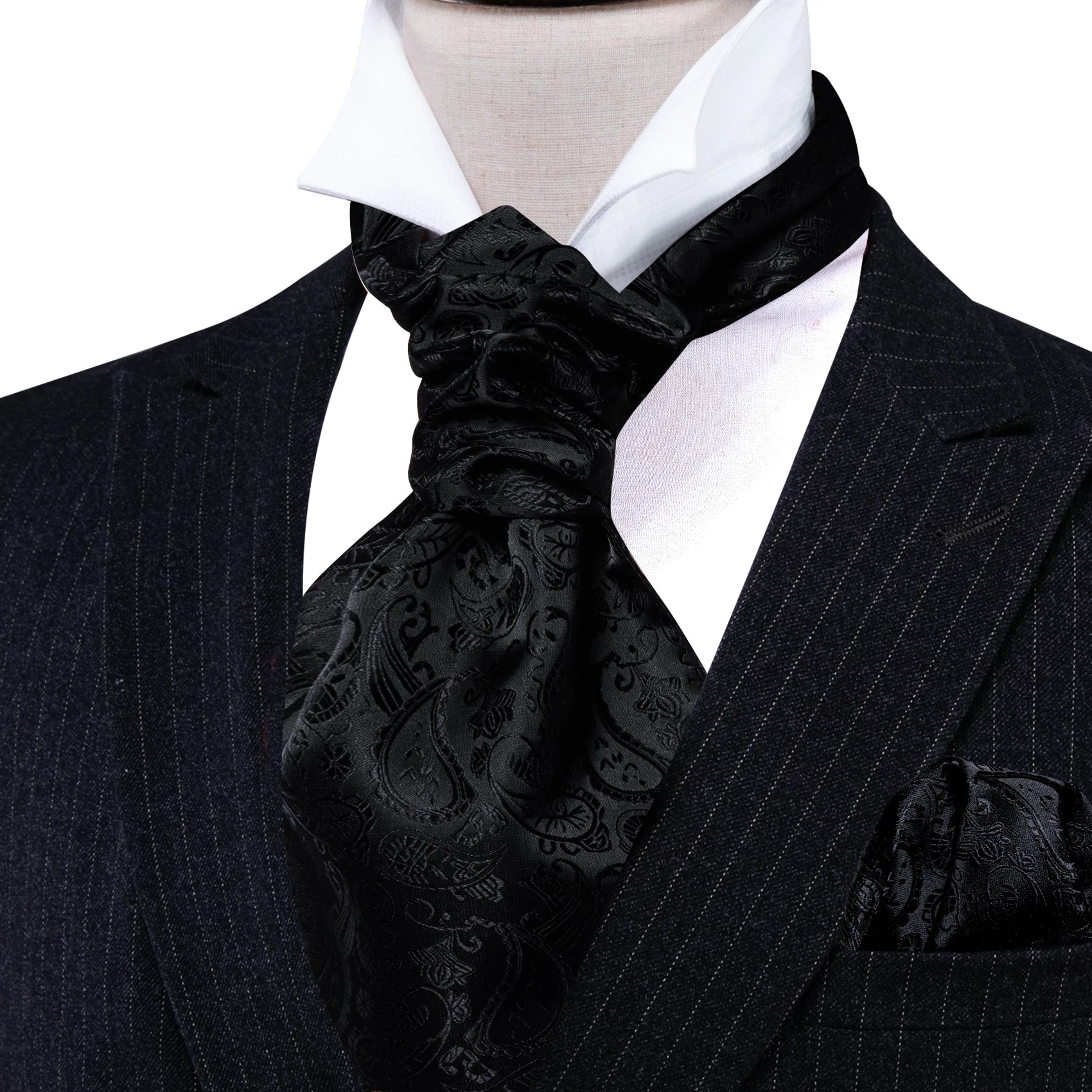Sophisticated paisley ascot cravat in lustrous silk with complete matching accessories for formal wear
