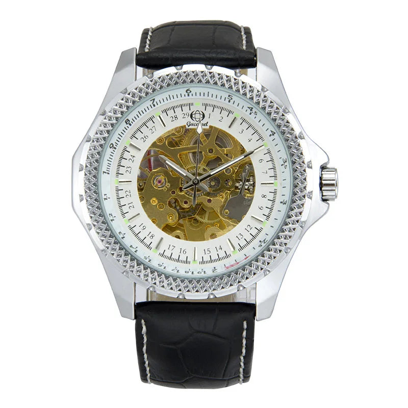 Gucamel skeleton watch featuring a durable leather strap and luminous hands.