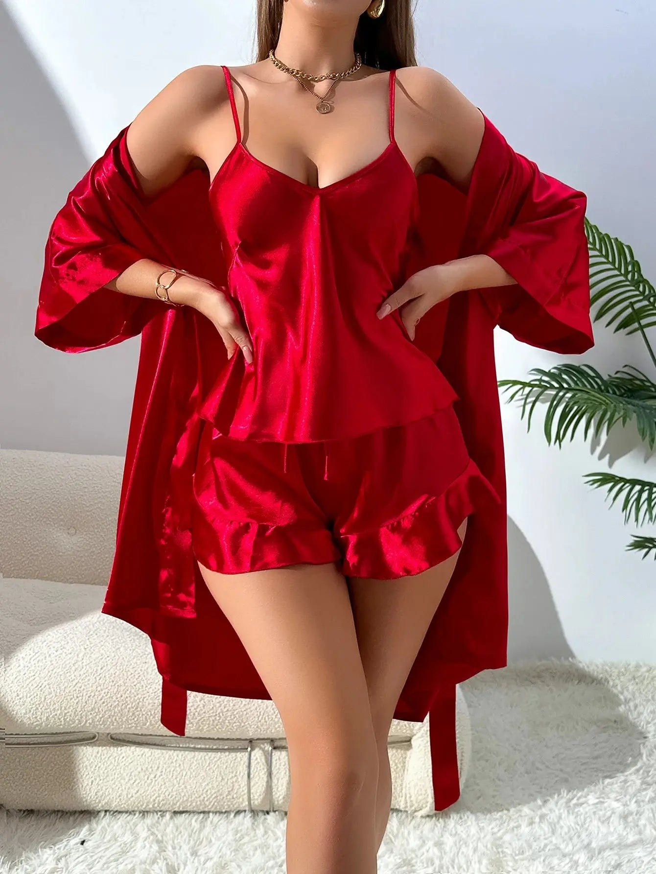 Whisper-Soft Loungewear Trio in soft beige, featuring a silky robe, V-neck top, and shorts.