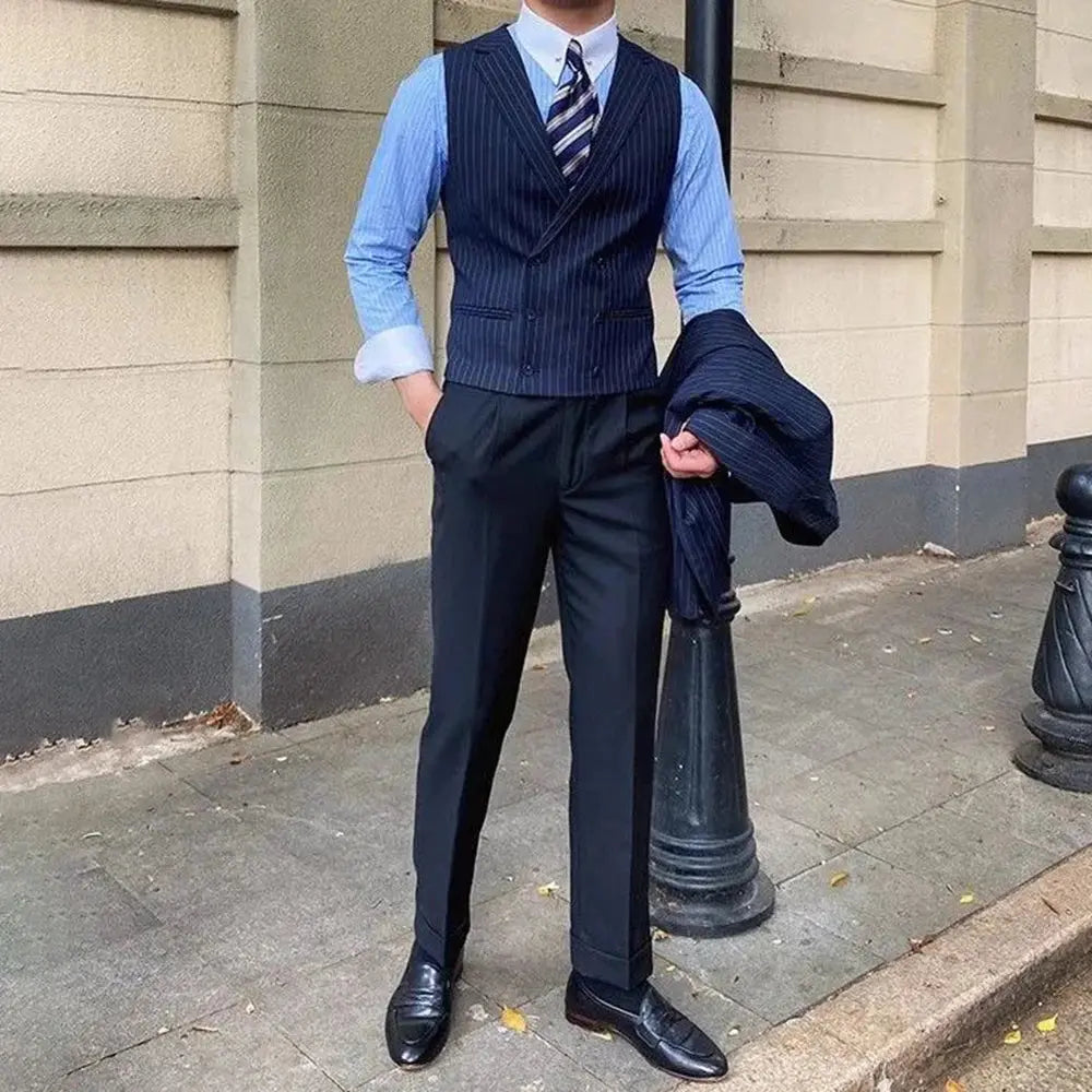 Full front view of the sophisticated men's vest, perfect for power dressing in the boardroom.