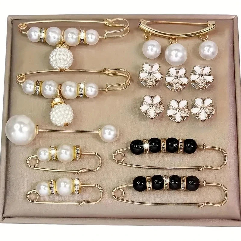 Elegant pearlescent brooches adding a touch of charm to any outfit.
