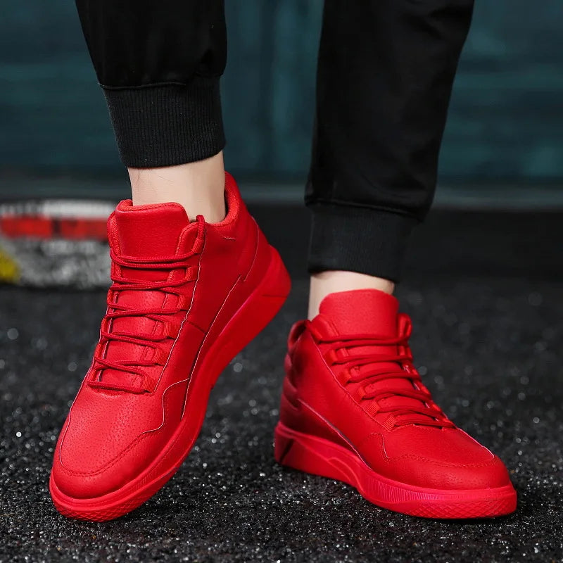 Vibrant crimson leather high-top sneakers with skate-inspired design for urban streetwear style