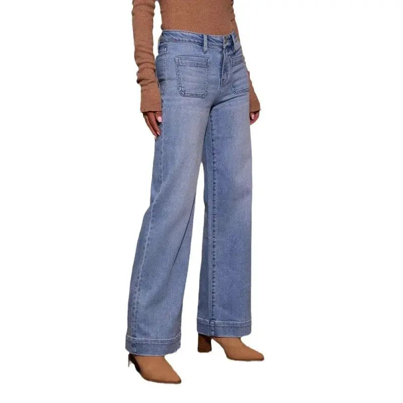 Side view of Retro Chic Jeans, emphasizing the wide-leg cut that blends vintage aesthetics with contemporary style.