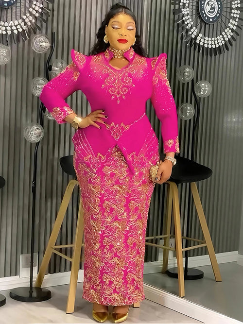 Woman wearing colorful African Ankara maxi dress with intricate dashiki patterns and long sleeves for formal occasions