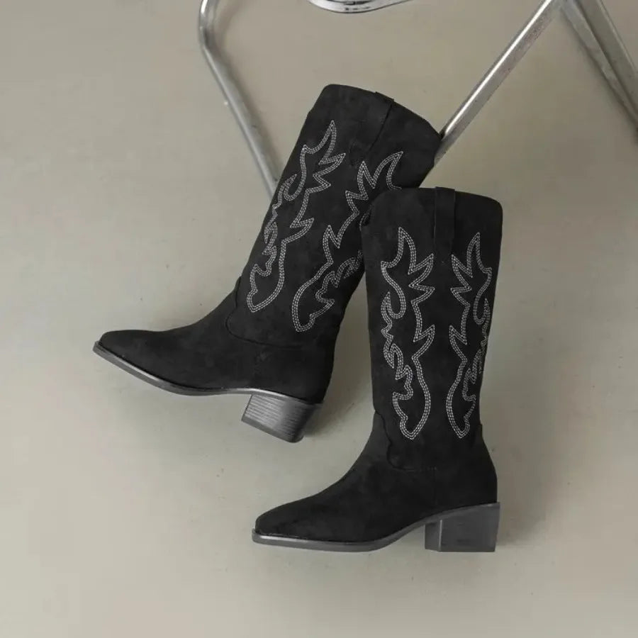 Close-up of totem embroidery detail on leather cowboy boot shaft