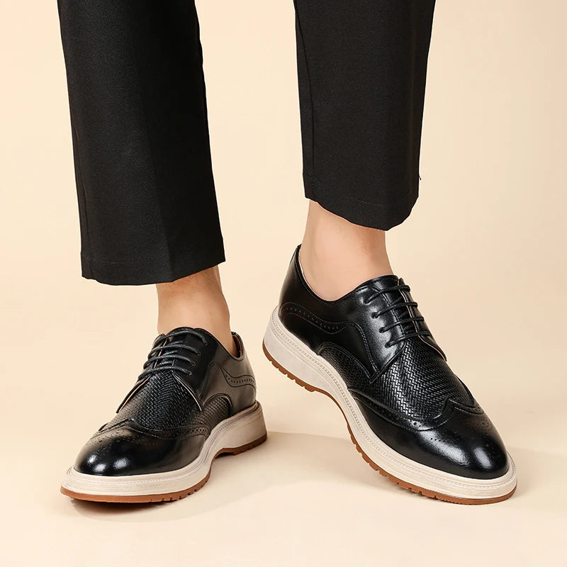 Sleek black lace-up derby shoes perfect for business casual and smart-casual outfits