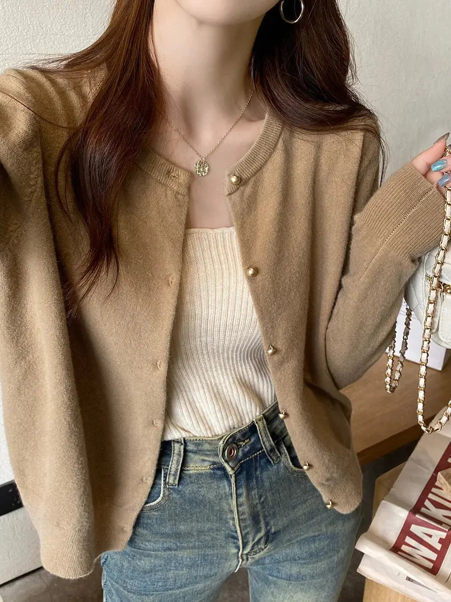 Classic cardigan with a cozy feel, ideal for office casual wear.
