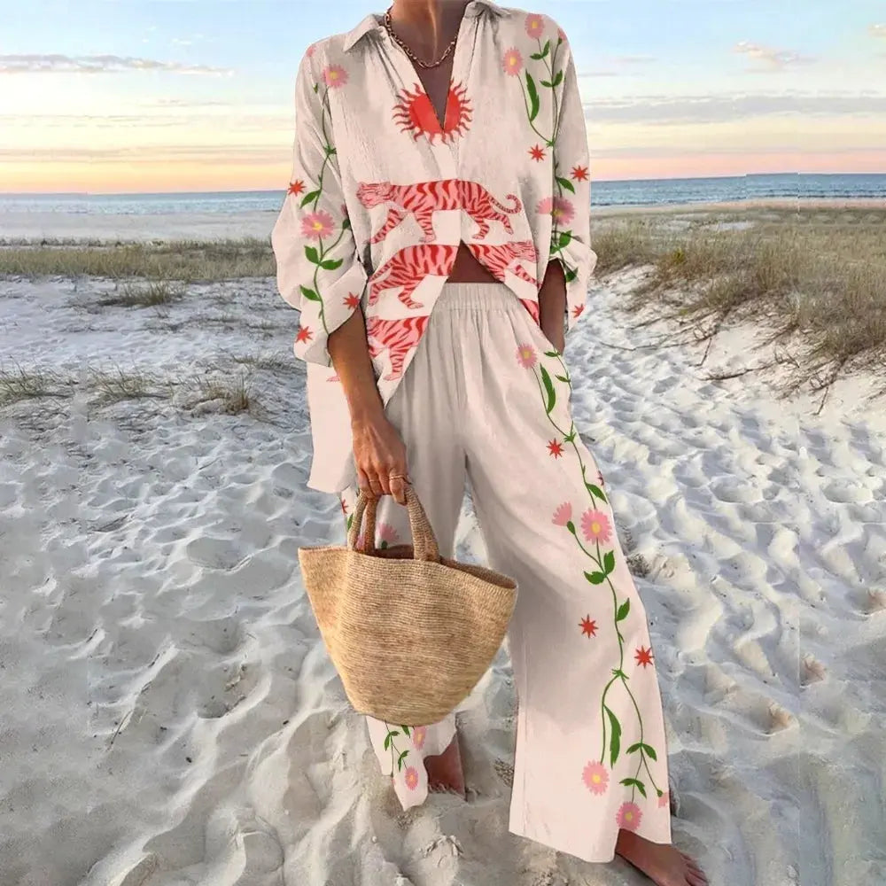 Elegant loose-fit design of the seaside escape two-piece set.