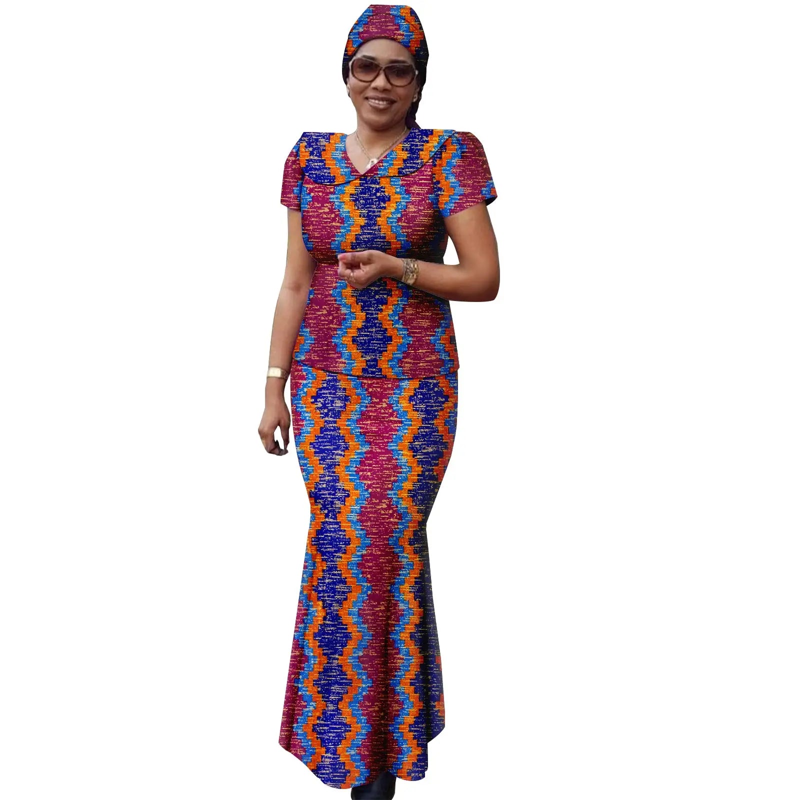 African Women Ankara Print Doll Collar Top, Skirt & Headscarf 3-Piece Set