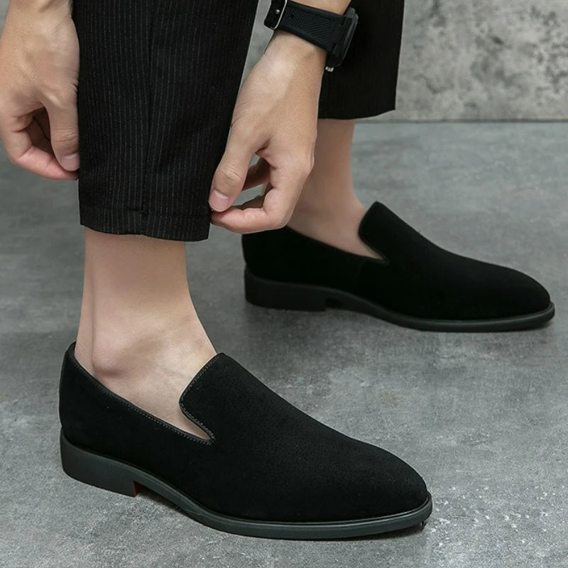 Men's pointed toe suede loafers featuring signature red contrast sole and slip-on design