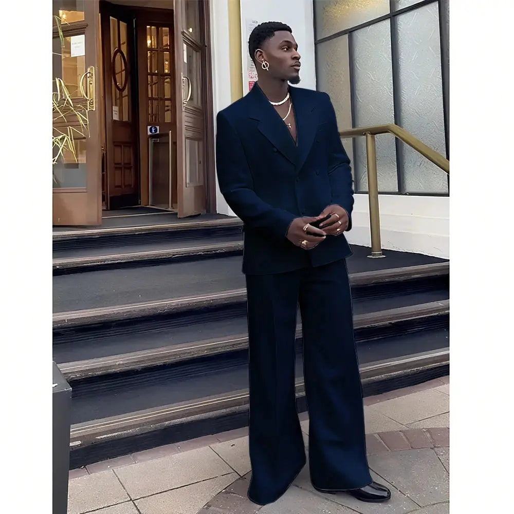 Full view of a black double-breasted suit, perfect for business attire.