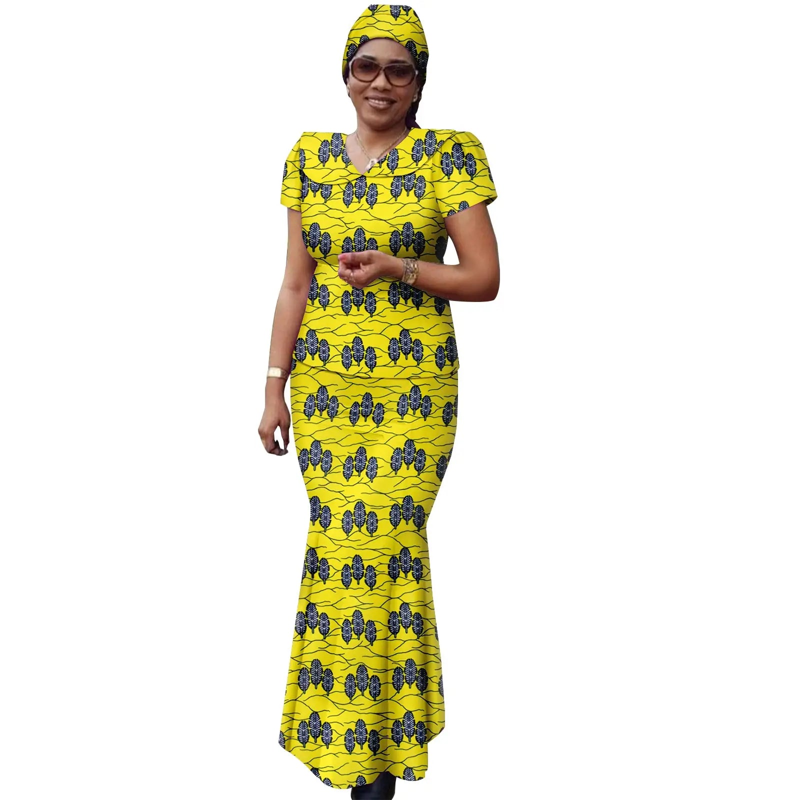 African Women Ankara Print Doll Collar Top, Skirt & Headscarf 3-Piece Set