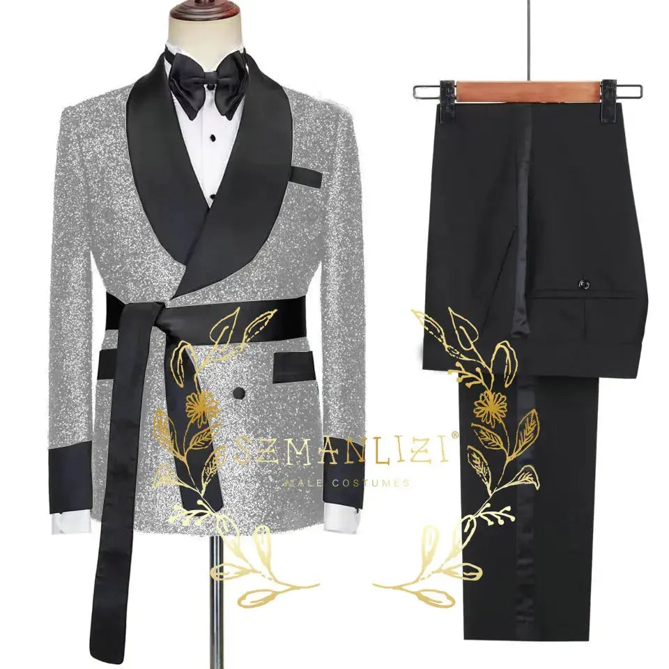 Close-up of tuxedo buttons and stitching detail for craftsmanship.