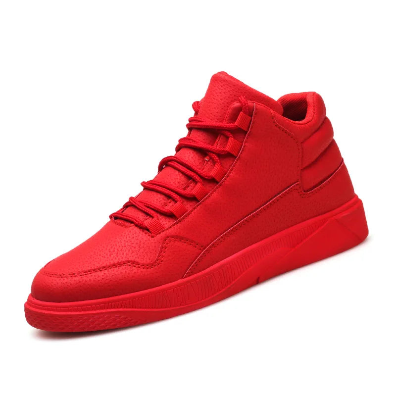 Bold red leather skate shoes with ankle support and versatile street-ready aesthetic