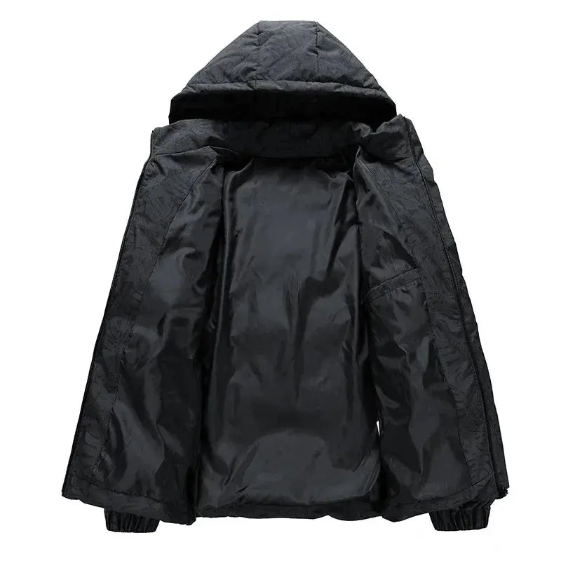 Detachable hood feature of the Winter's Embrace jacket for adaptable comfort.
