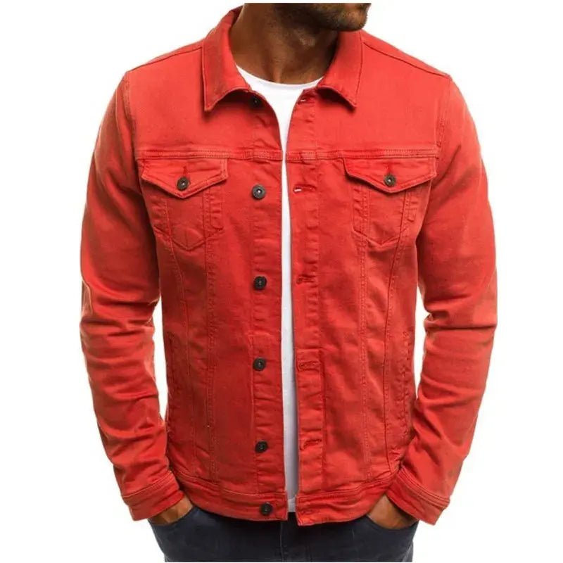 Sunset Boulevard Denim Jacket displayed on a hanger, showcasing its versatile year-round style.
