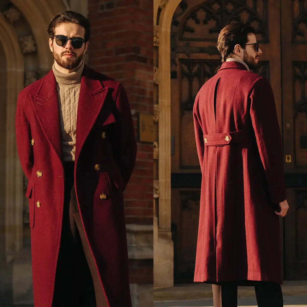 Double-breasted wool overcoat in neutral color, showcasing tailored fit and peaked lapels.