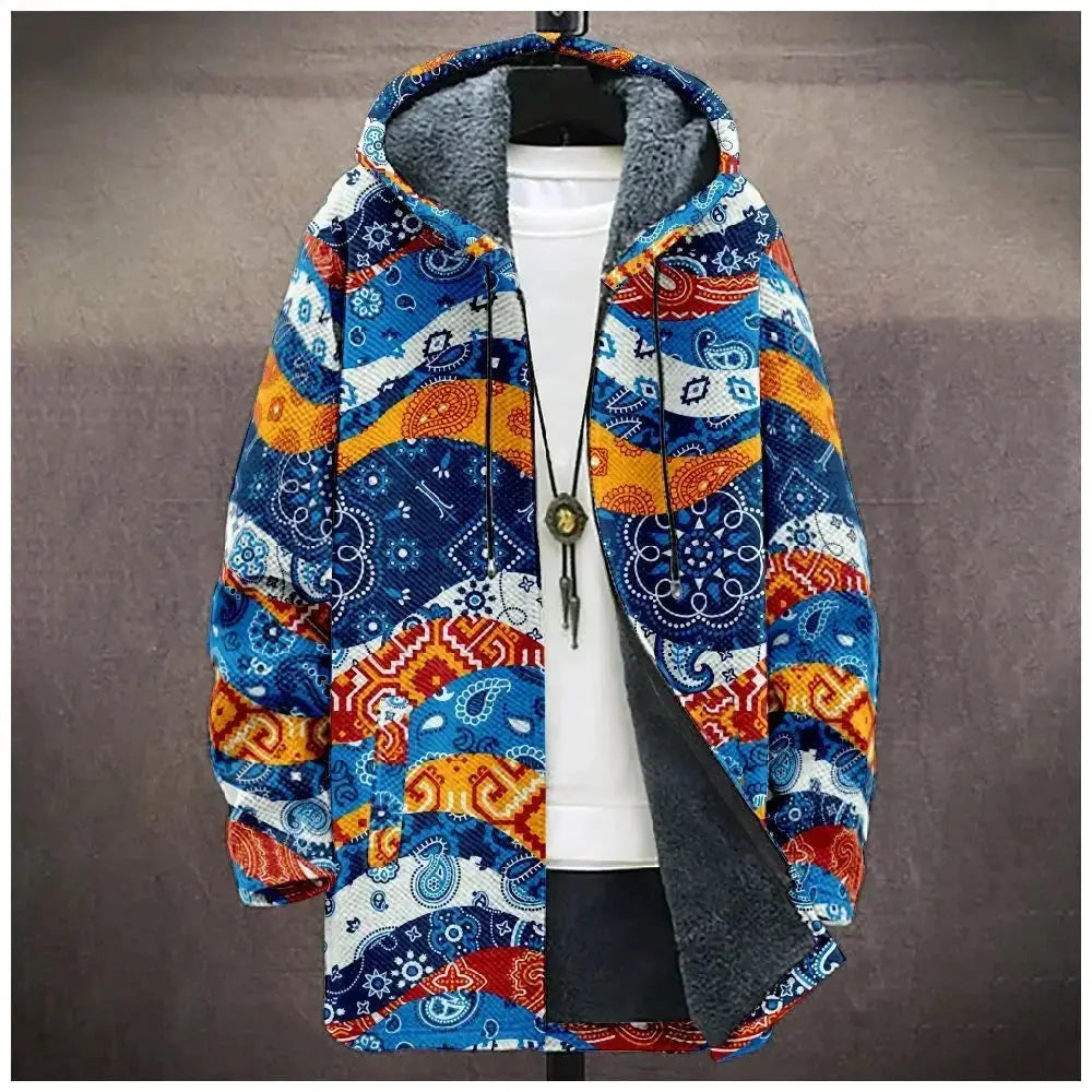 Tribal print fleece-lined hooded cardigan with geometric patterns and full-zip closure on white background