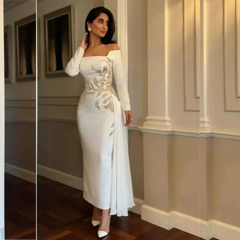 Back view of the satin gown highlighting the dramatic sweep train and flawless fit.