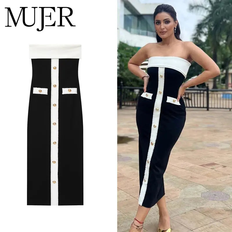 Midnight Allure Backless Midi Dress in sleek black, featuring a figure-hugging silhouette and elegant slash neck.
