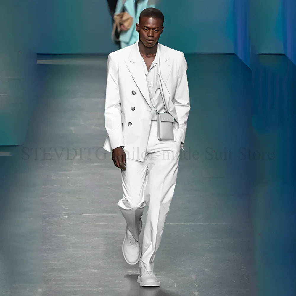 Azure Allure suit on a mannequin, highlighting tailored fit and classic double-breasted closure.