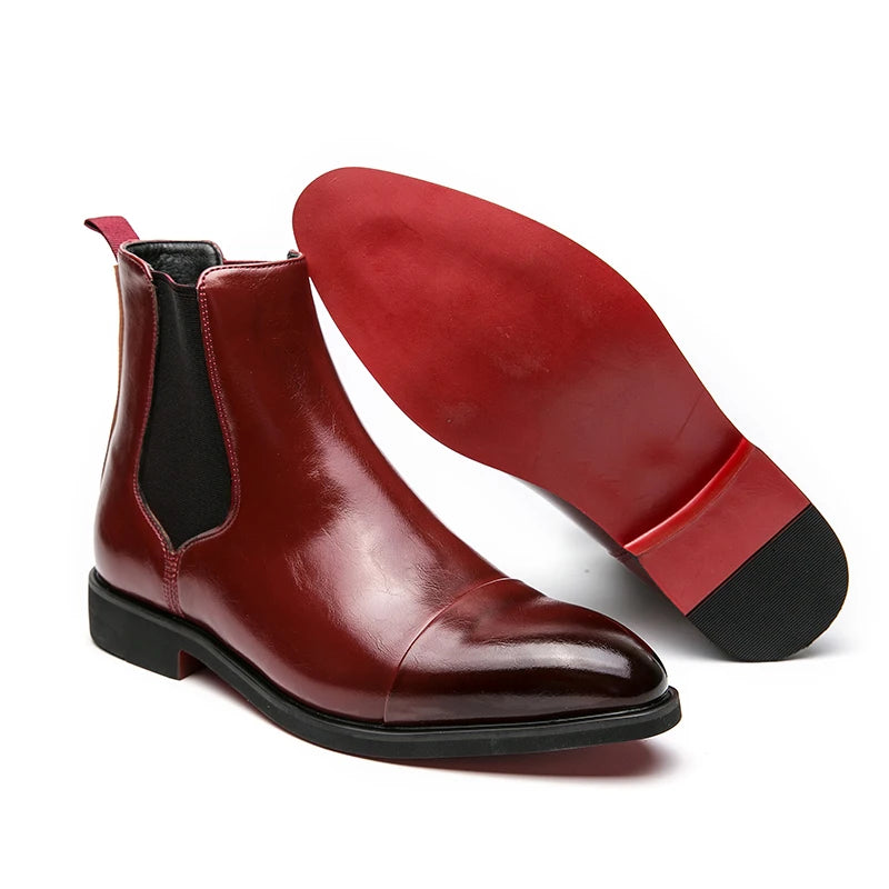 Waterproof Chelsea boots for men featuring premium PU lining and signature red sole detail