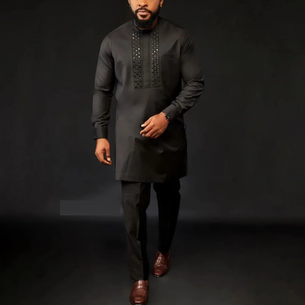Casual Versatile Muslim African Men Wedding Suit 2 Piece Set Round Neck Long Sleeve Outfit