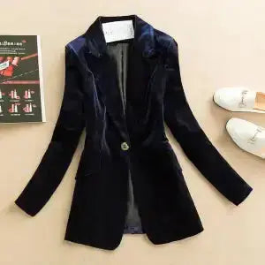 Elegant golden velvet blazer accentuating natural shape and comfort.