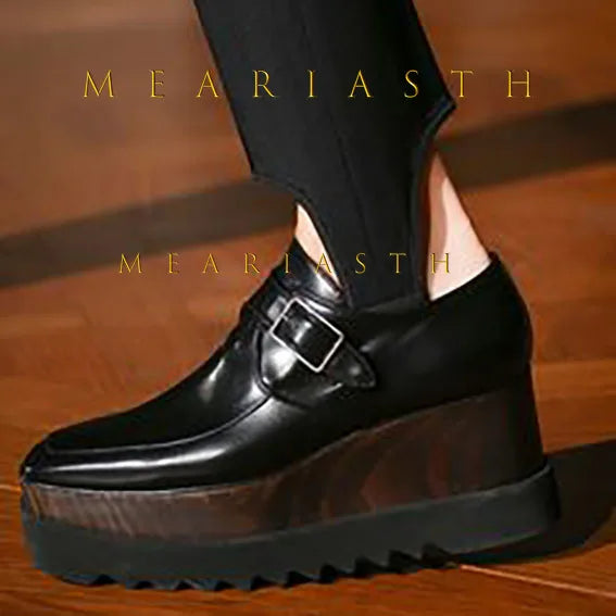 Waterproof leather platform sneakers with concealed wedge heel in black