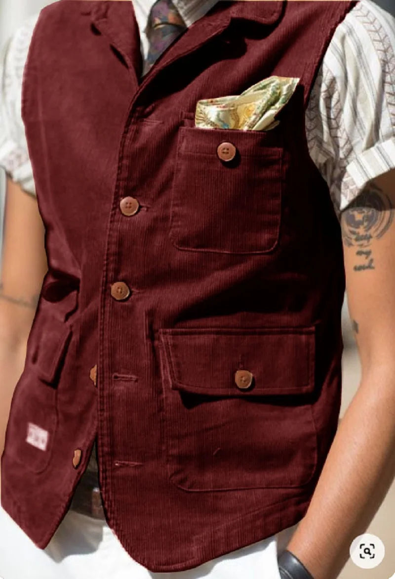 Professional look with the corduroy vest, ideal for business meetings.