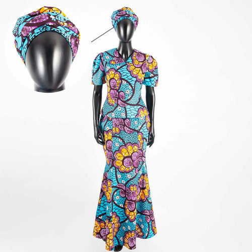 Complete three-piece Ankara outfit featuring coordinating top, flowing skirt, and matching headscarf