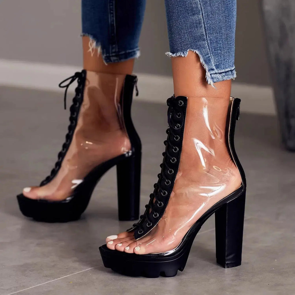 Clear PVC platform heels with a substantial square heel for confident strides.