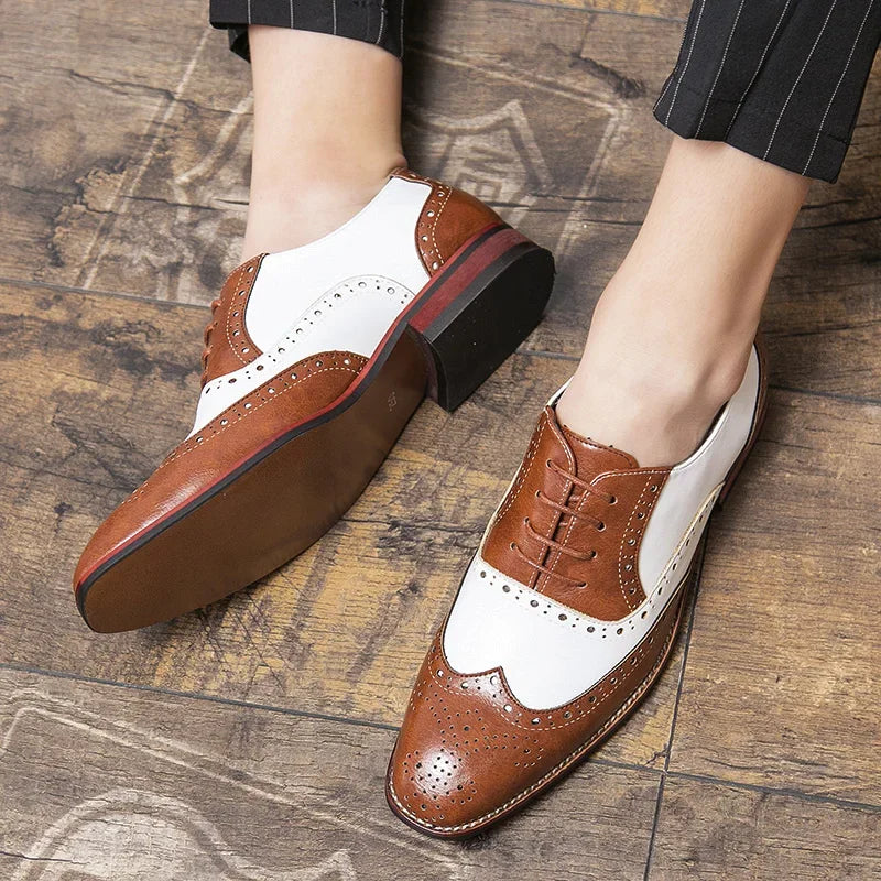 Pointed toe shape of colorful dress shoes enhancing sleek silhouette.