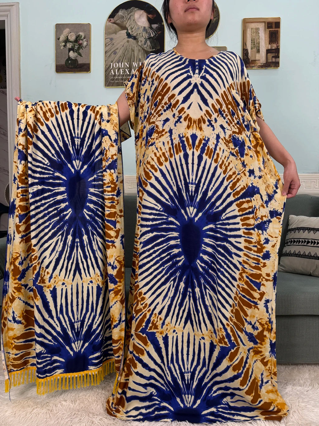 African Cotton Printed Loose Boubou Muslim Abayas Set with Lace Scarf