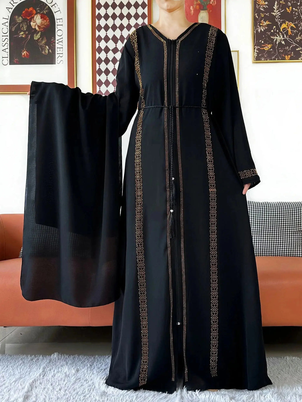 Elegant black chiffon abaya with diamond embellishments, perfect for any occasion.