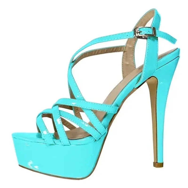 Event footwear featuring a robust platform and ankle strap.