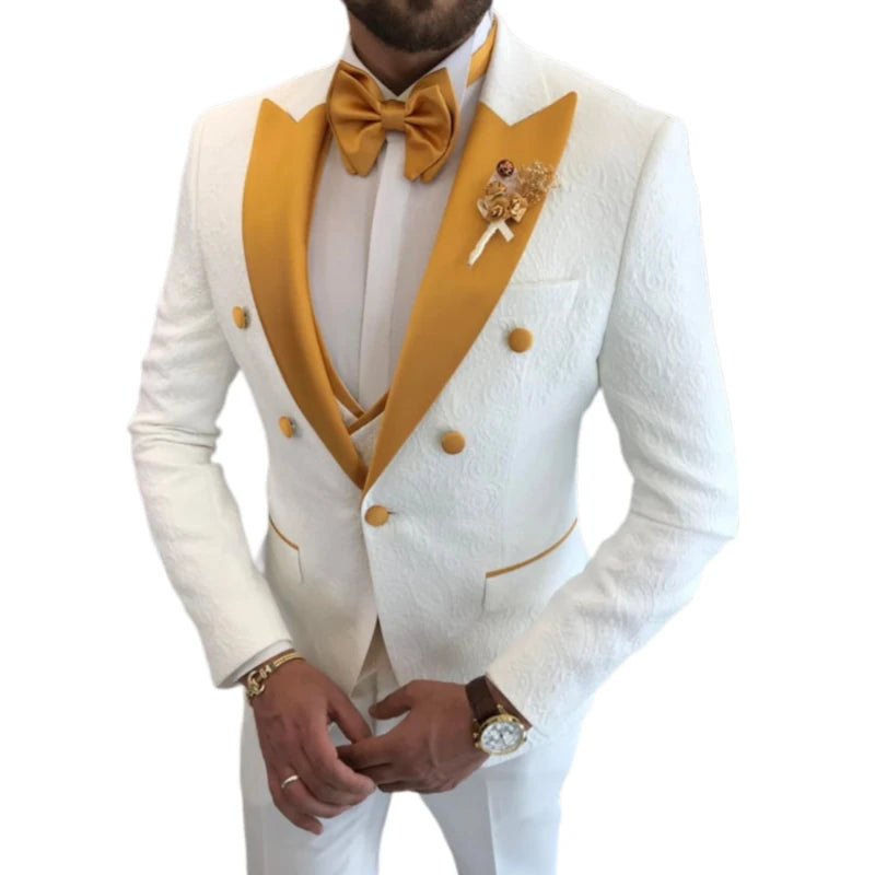 Detail shot of the luxurious fabric used in the floral wedding suit.